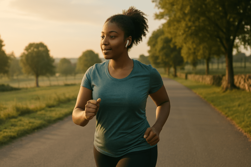 A young African American woman walks briskly on a quiet rural path under soft natural morning light, surrounded by open green fields and scattered trees. Her active posture and focused expression reflect healthy lifestyle habits tied to maintaining weight through light daily physical activity in a serene outdoor environment.