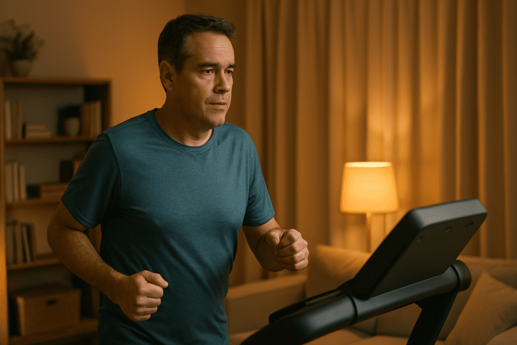 A middle-aged man exercises on a treadmill in his warmly lit living room, focused on maintaining physical activity within a comfortable indoor setting. The soft ambient glow from a table lamp and the relaxed home environment reflect expert-recommended fitness routines for adults aiming to maintain weight with 30 minutes or less of daily movement.