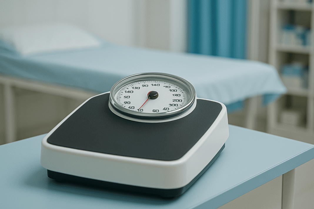 A mechanical analog bathroom scale rests on a light blue countertop in a clinical setting, with its red needle pointing to 150 pounds under cool, clinical lighting. The clean, minimalist environment emphasizes weight tracking as a key component of maintaining a healthy body weight through expert-recommended physical activity, even for adults doing 30 minutes or less daily.