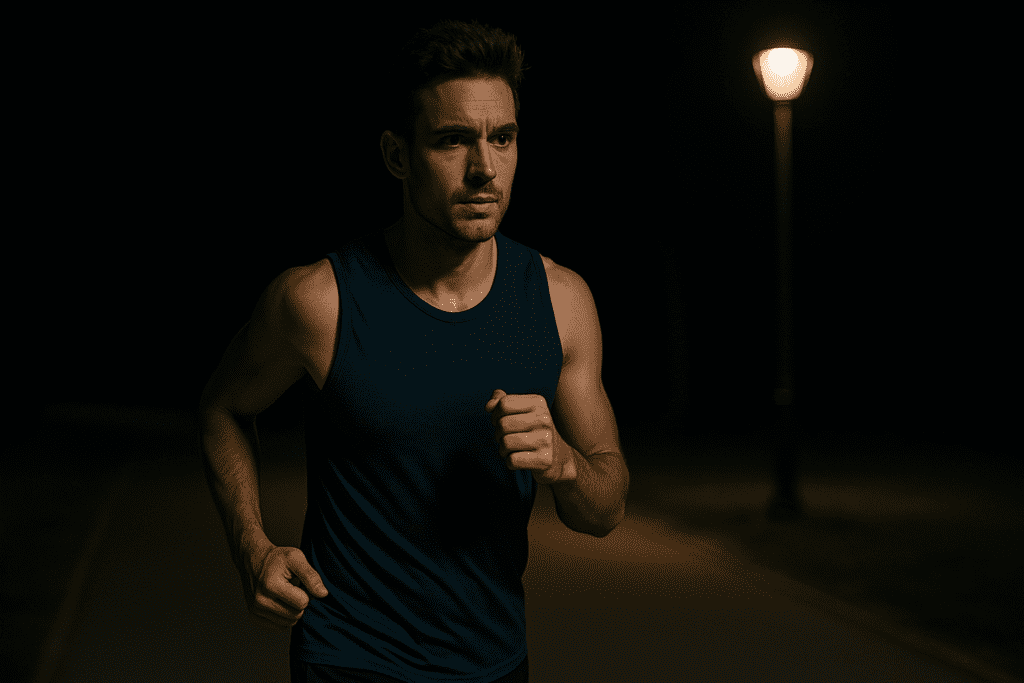 A fit young man jogs alone at night under the moody glow of a streetlamp, his expression focused as dramatic shadows highlight his toned arms and dark athletic tank top. The dimly lit park setting evokes determination and discipline, symbolizing how even short bursts of physical activity—done consistently—can help adults maintain weight and cardiovascular health.