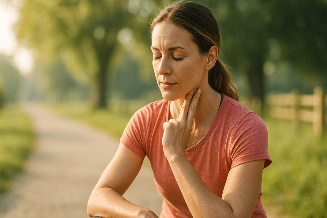 A woman in her 30s sits calmly on a rural path, using two fingers on her neck to measure her resting heart rate in soft natural morning light. Surrounded by blurred trees and a sunlit trail, the photorealistic scene illustrates how to calculate resting heart rate and BPM outdoors for better cardiovascular health.