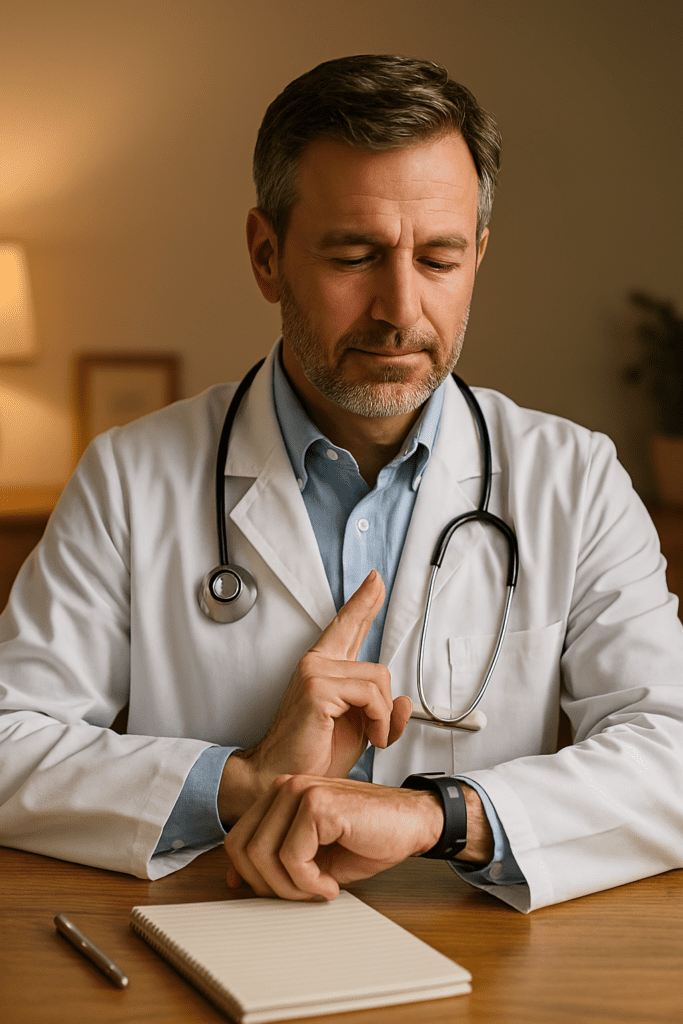 A middle-aged male doctor sits at a wooden desk in a warmly lit office, checking his pulse on his wrist while wearing a white lab coat and stethoscope. The scene uses ambient indoor lighting to convey a calm, professional environment, reinforcing the doctor-recommended method for calculating resting heart rate and BPM for better cardiovascular health.