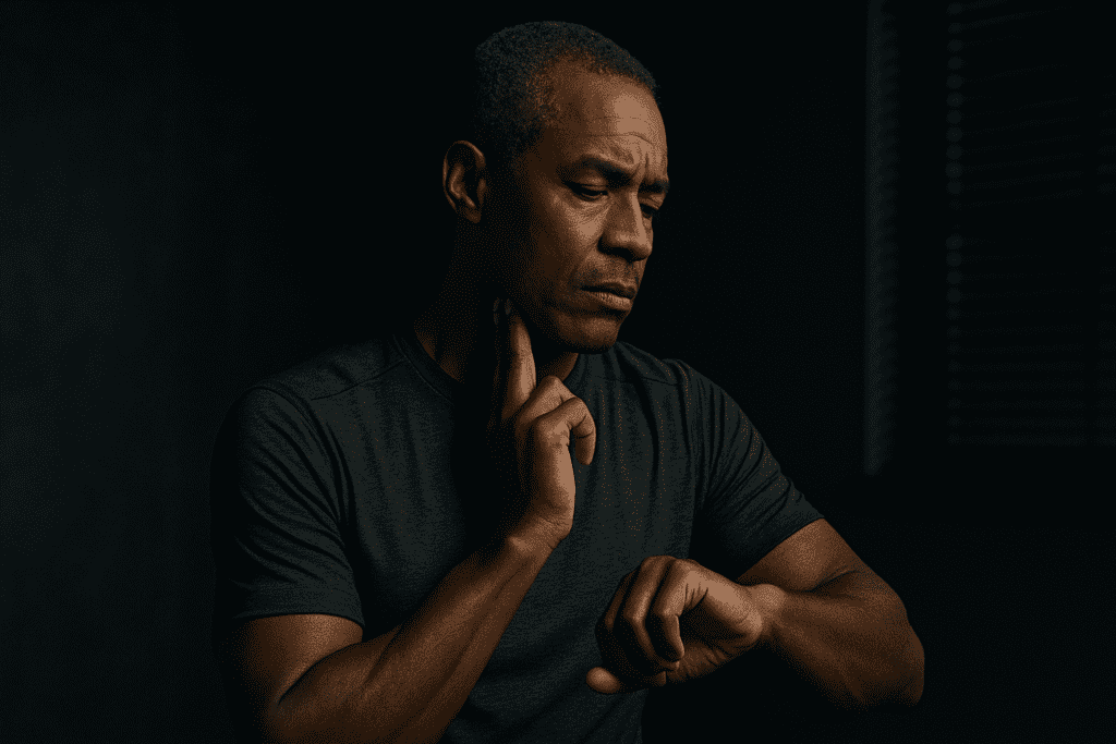 A middle-aged African American man wearing a dark athletic shirt checks his pulse using two fingers on his neck while glancing at his wristwatch in a dimly lit room. The moody lighting and dramatic shadows create a focused atmosphere that visually represents how to calculate resting heart rate and BPM as part of a cardiovascular health routine.