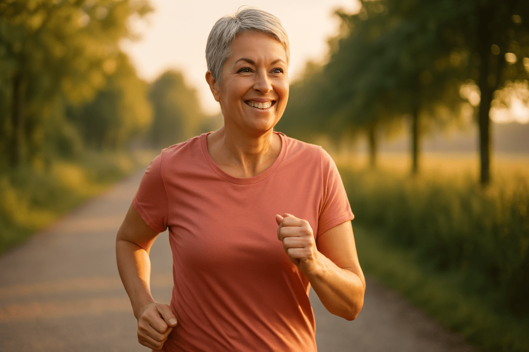 A photograph captures a fit woman in her 50s with short silver hair jogging on a gravel trail under soft morning light. The sunlit rural path is bordered by trees and greenery, illustrating a doctor-recommended way to raise heart rate safely and support cardiovascular health through outdoor exercise.