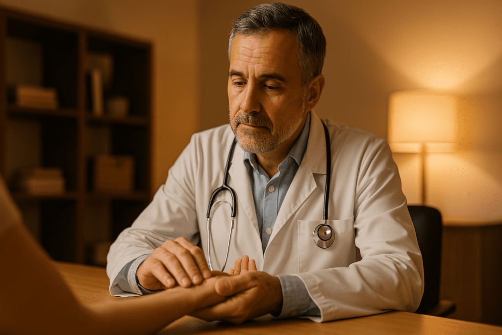 A photograph of a middle-aged male doctor with light skin measuring a patient’s pulse in a warmly lit medical office. The doctor, wearing a white coat and stethoscope, focuses intently in a calm, professional setting—illustrating a safe, doctor-recommended way to monitor heart rate and support cardiovascular function.