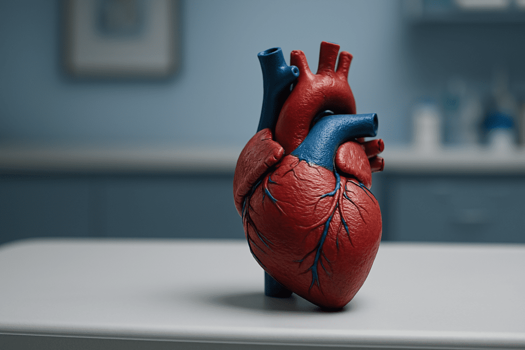 A digital photograph depicts an anatomically accurate 3D heart model on a white examination table in a clinical room with cool lighting. The realistic red and blue vessels highlight cardiovascular function, making it a strong visual aid for understanding how to raise heart rate safely through heart-healthy practices.