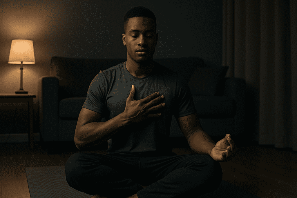 A photograph of a young African-American man with a calm expression sitting cross-legged on a yoga mat in a dimly lit living room, meditating with one hand over his heart. The moody ambient lighting and peaceful posture emphasize how mindfulness and breath control can safely raise heart rate and improve cardiovascular health at home.
