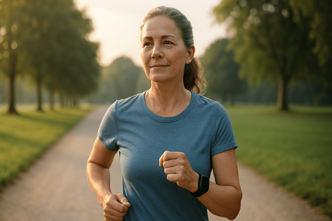 A fit middle-aged woman jogs on a gravel path in a quiet park during early morning, with soft natural light casting a warm glow on the scene; her focused expression and athletic wear reflect a heart-healthy outdoor workout routine.