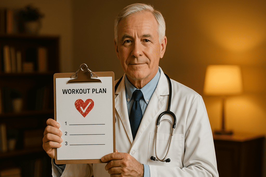An older male doctor in a warmly lit office holds a clipboard labeled “Workout Plan” with a heart checkmark icon, conveying expert guidance on building a fitness schedule to support cardiovascular wellness in a calm, professional environment.