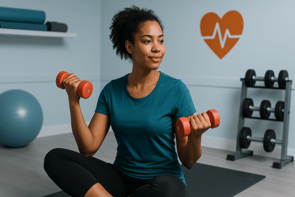 A young African American woman performs bicep curls with red dumbbells while seated on a yoga mat in a modern exercise room with cool clinical lighting, emphasizing strength training as part of a heart-healthy fitness plan.
