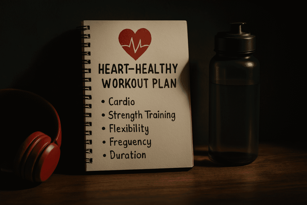 A spiral notebook labeled “Heart-Healthy Workout Plan” sits on a wooden surface in dramatic moody lighting, flanked by red headphones and a black water bottle, visually representing the essential components of a personalized cardiovascular fitness routine.