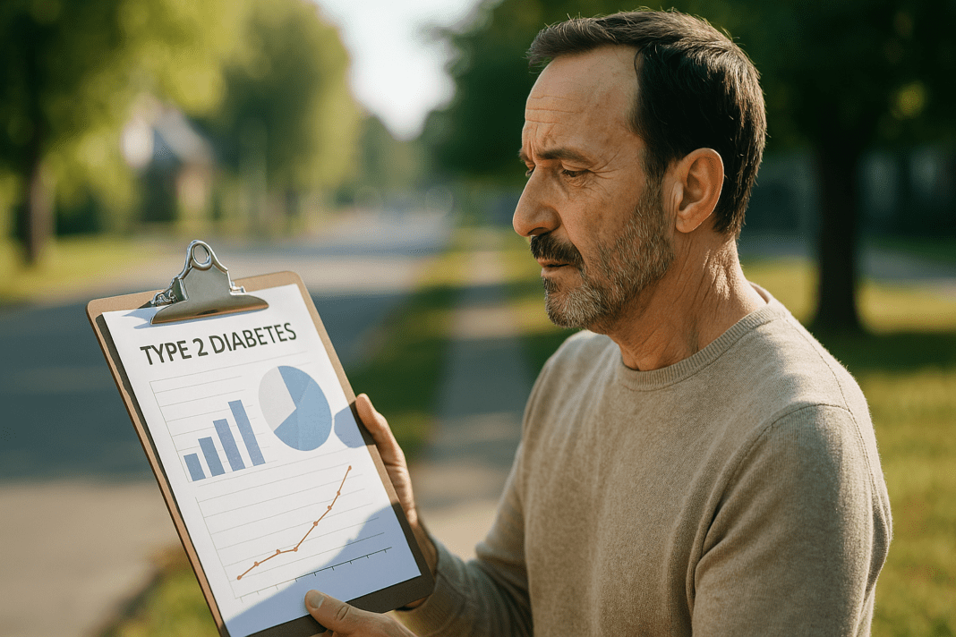 A photograph captures a Caucasian middle-aged man standing outside in soft natural morning light, intently studying a clipboard with type 2 diabetes charts and graphs. The suburban background and warm sunlight highlight the focus on diabetes progression trends in a calm and realistic setting.