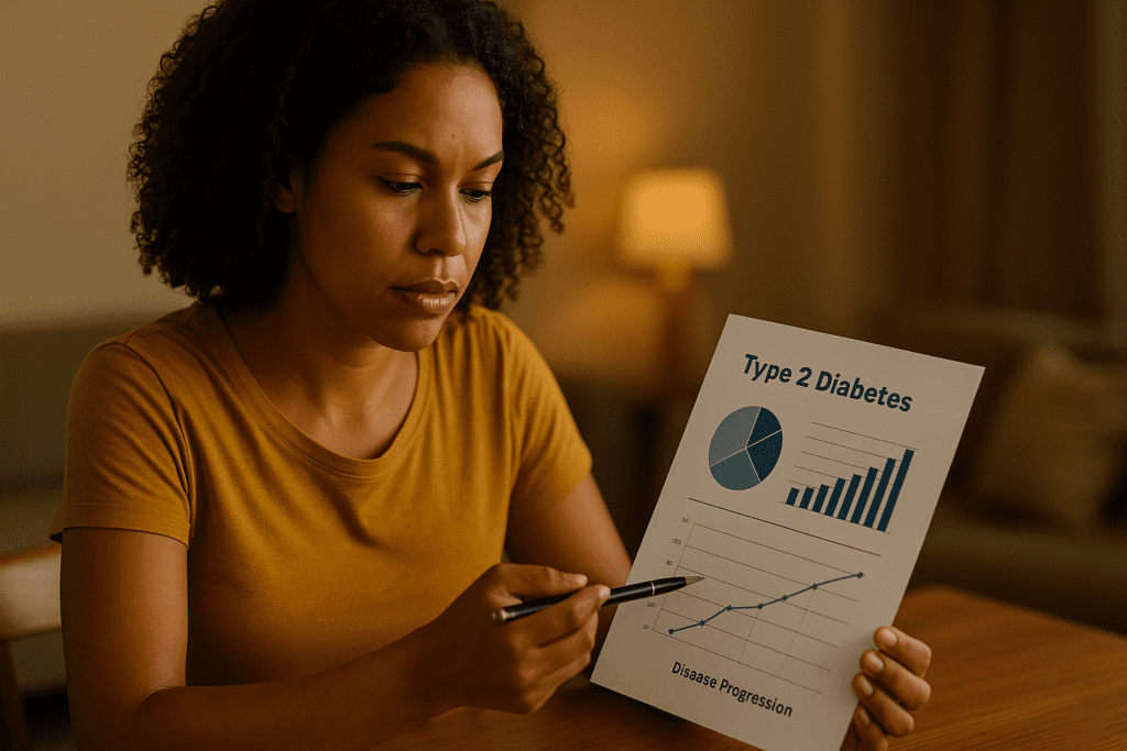 A photograph captures a young African American woman indoors under warm ambient lighting, carefully reviewing a Type 2 Diabetes report with detailed charts and disease progression graphs. The cozy, softly lit setting emphasizes her thoughtful engagement with the latest research on diabetes trends.