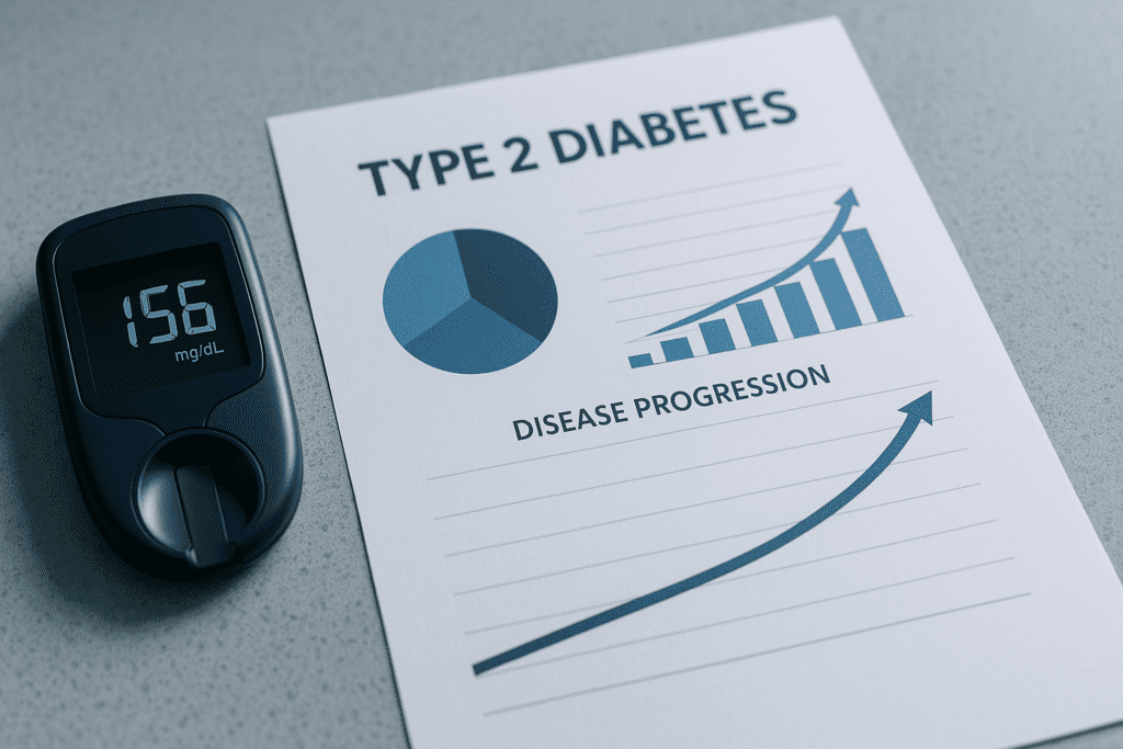 A photograph shows a glucose meter with a dark blue frame displaying a reading of 156 mg/dL beside a printed sheet titled "TYPE 2 DIABETES," featuring clear visualizations of disease progression charts. The scene, set on a cool-toned countertop under clinical lighting, conveys a clean and focused look into diabetes monitoring trends.