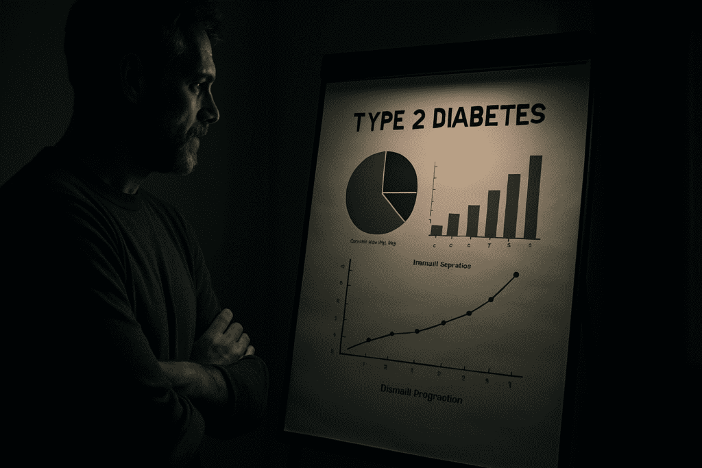 A moody photograph captures a Type 2 Diabetes research poster on an easel, softly lit against a dark wall, as a man with folded arms observes the disease progression charts in thoughtful silence. The dramatic shadows and low lighting create a contemplative atmosphere for analyzing diabetes trends and prevalence.