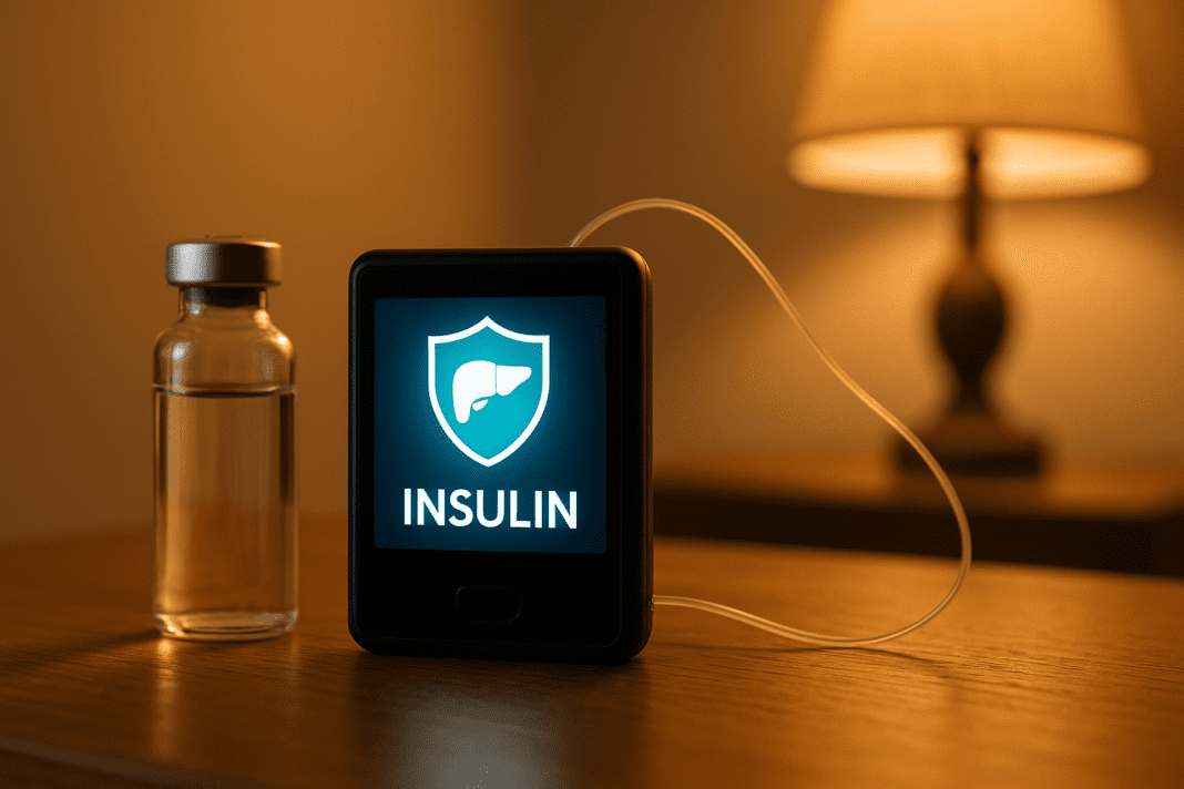 An insulin pump with a glowing blue screen labeled 