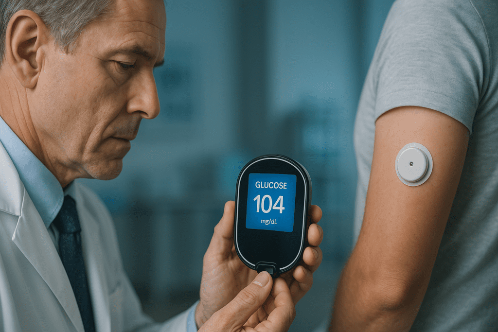A middle-aged doctor in a white lab coat closely examines a continuous glucose monitor showing a reading of 104 mg/dL, while the patient’s arm with a CGM sensor is visible. The cool clinical lighting and focused expression highlight the precision and innovation in Type 1 diabetes care.