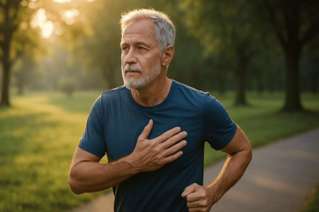 An older Caucasian man in his 60s jogs alone on a paved path through a serene, green park during early morning. The soft natural morning light casts a warm glow on the trees and grass, highlighting the man's focused expression as he places a hand on his chest while exercising. This image visually supports the theme of reducing resting heart rate safely through doctor-recommended cardiovascular exercise.
