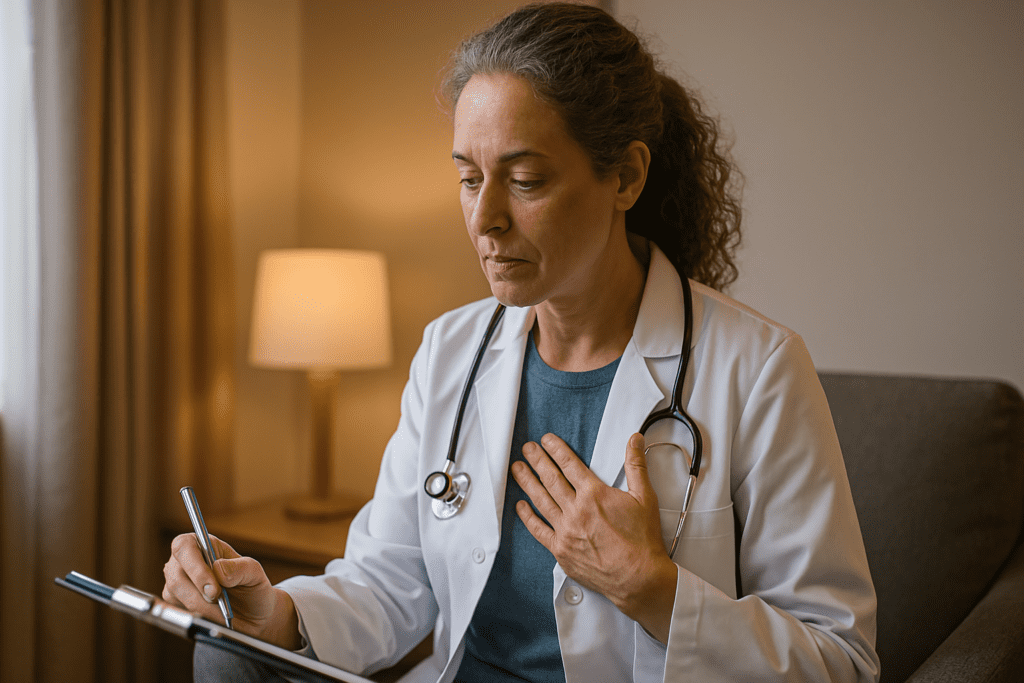 A middle-aged female doctor with wavy gray-streaked hair sits in a warmly lit indoor space, holding a clipboard and gently touching her chest as she writes thoughtful notes. Dressed in a white lab coat with a stethoscope around her neck, the scene emphasizes a calm, professional setting that supports the theme of heart health and doctor-recommended ways to reduce resting heart rate safely.