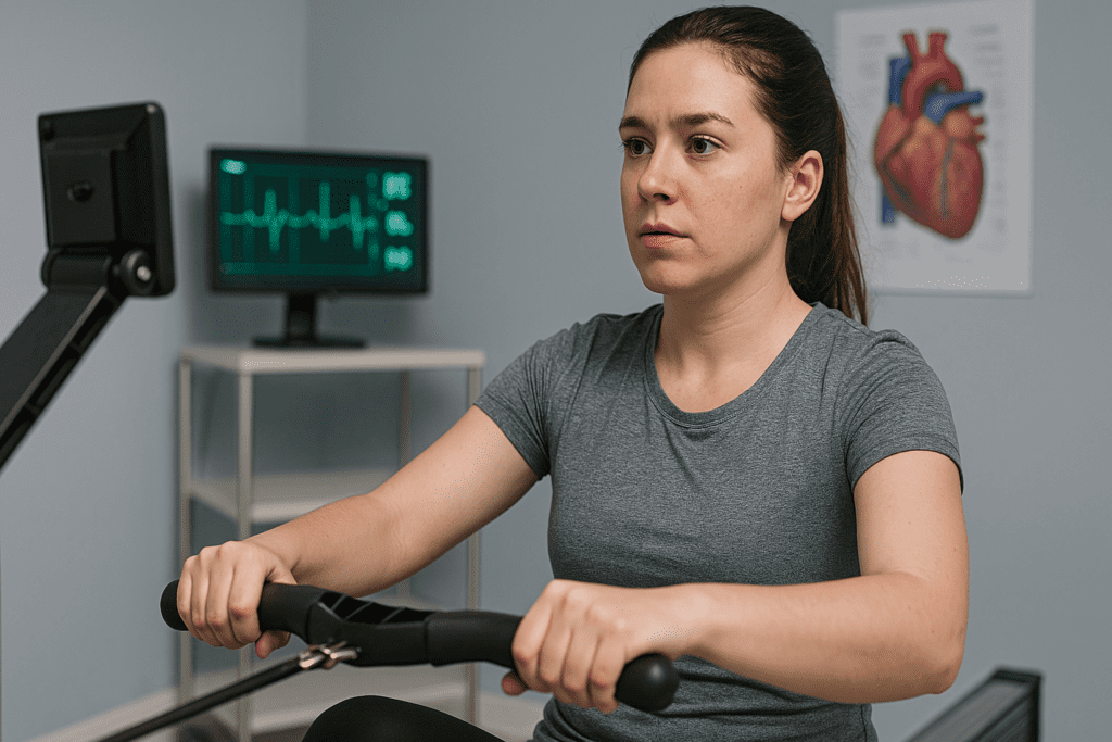 A young woman with dark hair tied back rows on a fitness machine in a clinically styled room, concentrating intensely on her exercise. Cool lighting illuminates an ECG monitor and a heart anatomy poster in the background, visually emphasizing doctor-recommended cardiovascular workouts to help lower resting heart rate safely.