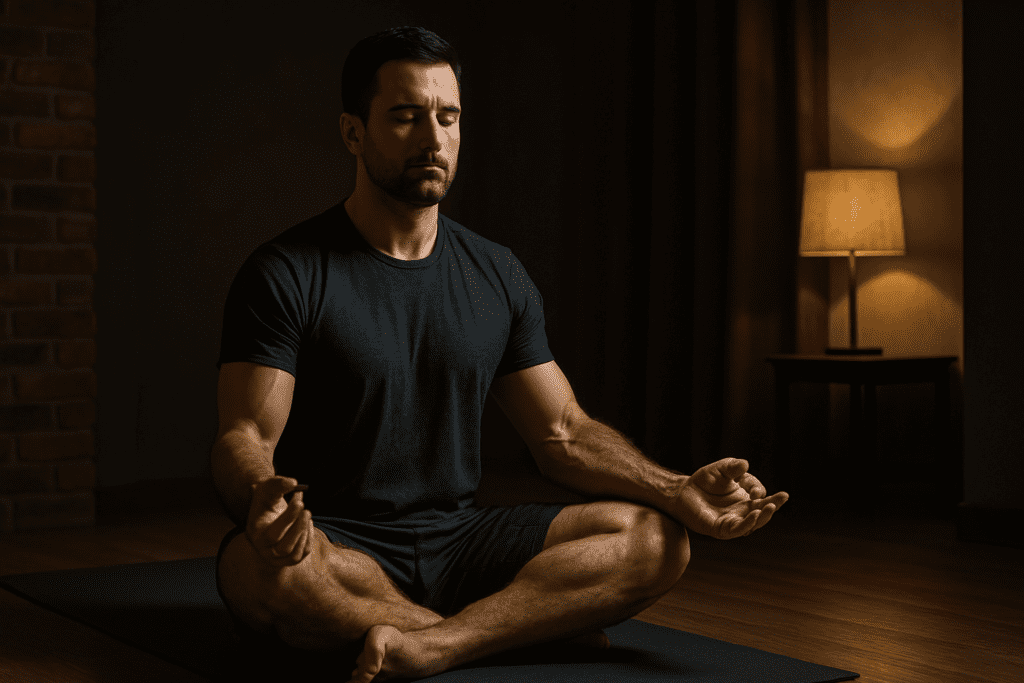 A muscular man with short dark hair meditates cross-legged on a yoga mat in a dimly lit room, bathed in moody lighting with warm shadows from a nearby lamp. The peaceful setting highlights the role of mindfulness and deep breathing exercises as effective, doctor-recommended methods to reduce resting heart rate safely.