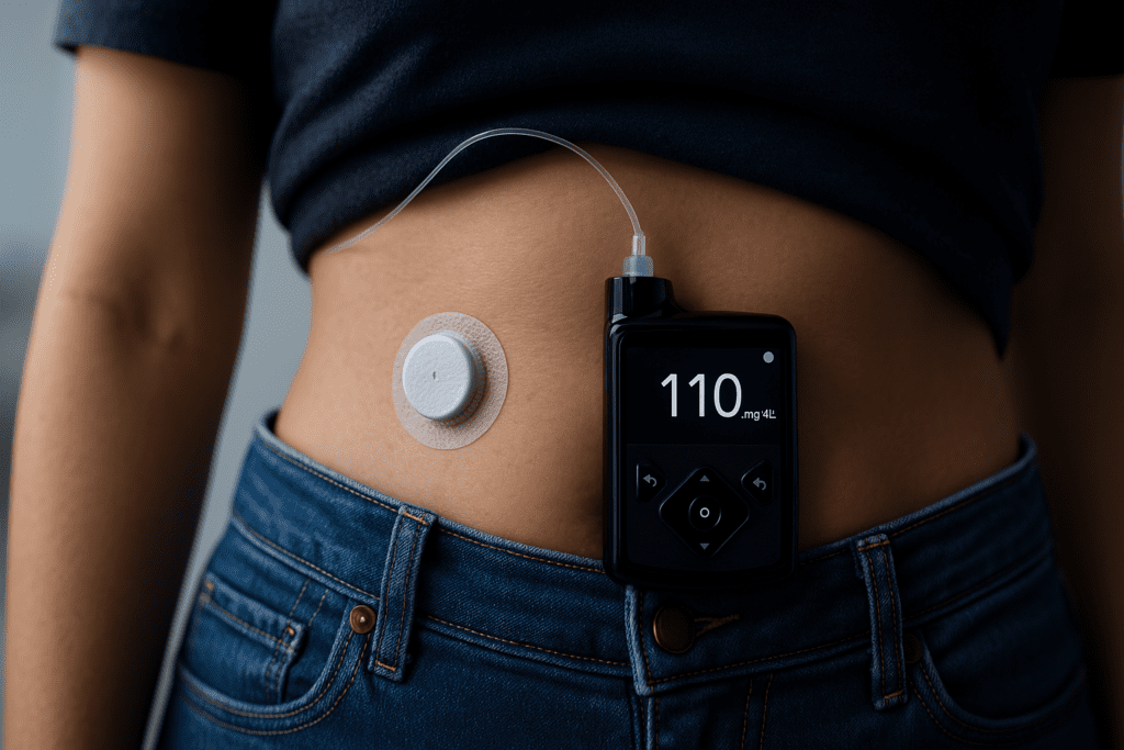 A close-up of a person’s abdomen reveals a continuous glucose monitor and insulin pump in use, illuminated by cool clinical lighting. The medical devices reflect current innovations in Type 1 diabetes therapy and the integration of real-time glucose monitoring for personalized care.