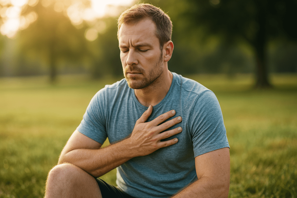 A photograph captures a Caucasian man in his mid-30s sitting calmly in a sunlit park during early morning hours, with one hand placed on his chest and eyes closed in a moment of self-check or mindfulness. Surrounded by soft natural light and a peaceful green landscape, the image visually represents the concept of a resting heart rate of 50, inviting reflection on heart health, cardiovascular fitness, and expert concerns or reassurance.
