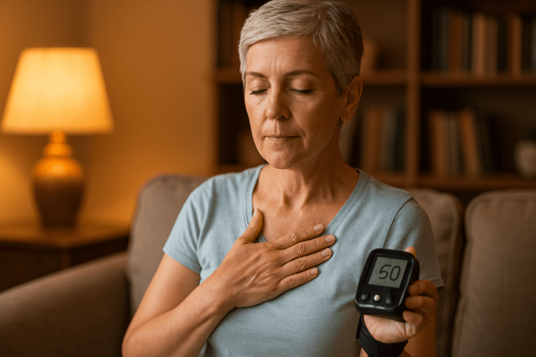 A photograph of a Caucasian woman in her 50s with short silver hair shows her seated peacefully on a beige sofa in a warmly lit living room, gently placing a hand on her chest while holding a digital wrist monitor displaying a heart rate of 50. The soft ambient lighting and cozy surroundings evoke a sense of calm, visually illustrating the question of whether a resting heart rate of 50 is healthy or concerning, especially in the context of cardiovascular health awareness.