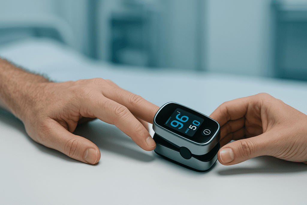A digital photograph displays close-up hands interacting with a modern pulse oximeter on a clean white medical surface, set against a cool clinical background. The device shows a pulse rate of 50 and oxygen saturation of 96%, visually reinforcing the question of whether a resting heart rate of 50 is healthy or cause for concern, in a setting that evokes precision and professional cardiovascular monitoring.