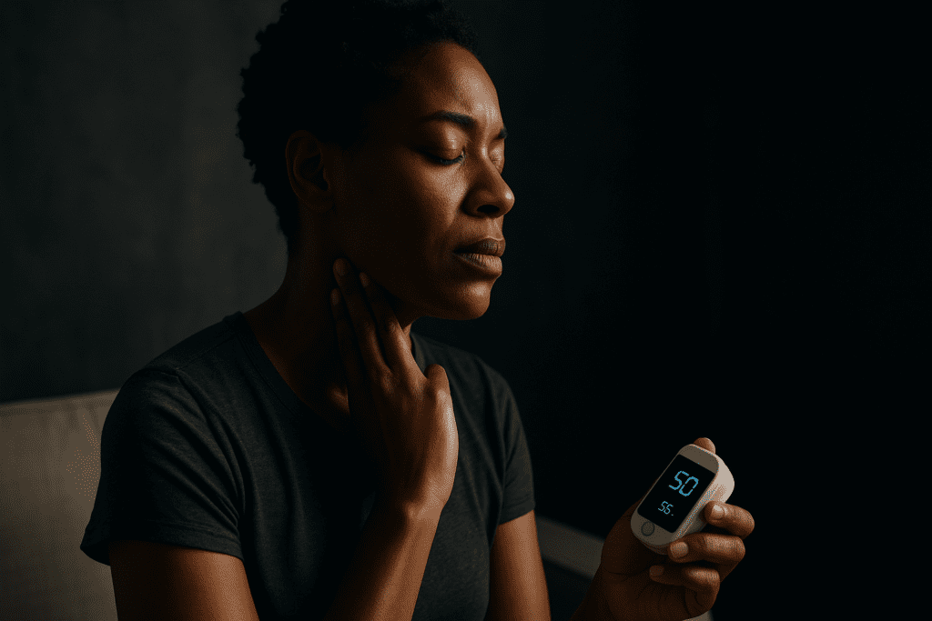 A photograph of an African American woman with medium brown skin and short natural curls shows her gently checking her pulse on her neck while holding a heart rate monitor that displays a resting pulse of 50. Captured in moody, dramatic lighting with shadows accentuating her contemplative expression, the image symbolizes personal awareness of cardiovascular health and invites expert discussion on whether a resting heart rate of 50 is beneficial or potentially concerning.