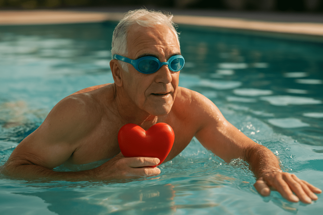 A fit elderly Caucasian man with gray hair and blue swim goggles swims in an outdoor pool while holding a red heart-shaped object close to his chest. The soft morning light illuminates the calm turquoise water, symbolizing the cardiovascular benefits of swimming for heart health.