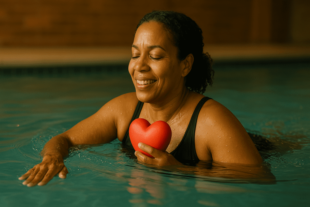 A middle-aged African American woman swims in an indoor pool while holding a red heart-shaped object against her chest, her eyes closed and smiling in peaceful reflection. The warm ambient lighting and calm water emphasize the cardiovascular benefits of indoor swimming for heart health.