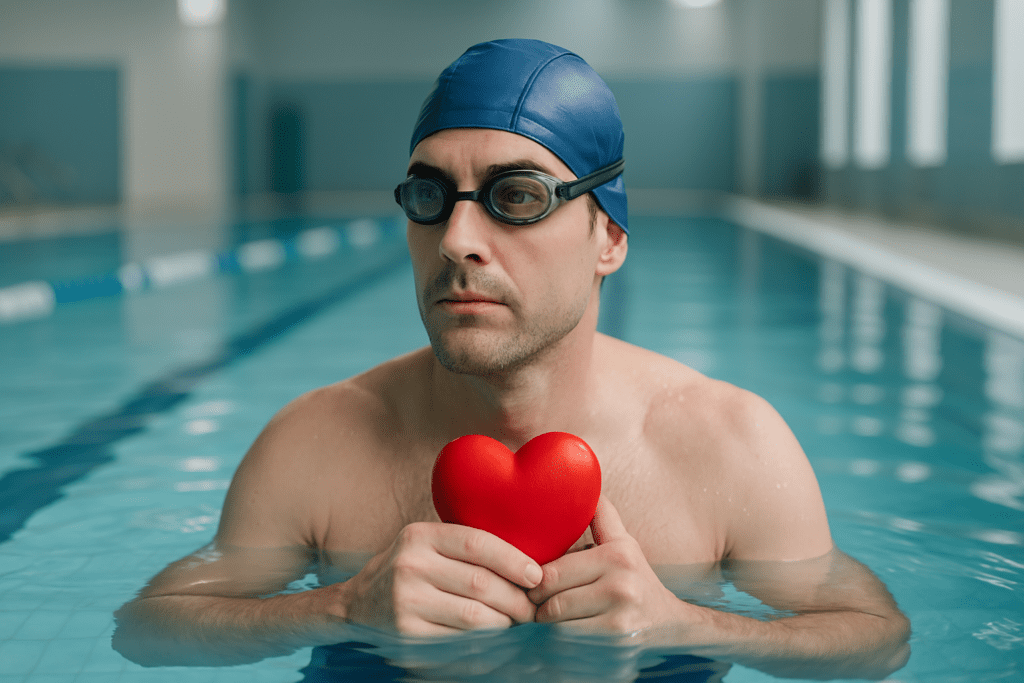A fit Caucasian man in a swim cap and goggles stands in a modern indoor pool, calmly holding a red heart-shaped object against his chest. The cool clinical lighting and clean pool setting underscore the heart-healthy benefits of swimming for cardiovascular wellness.