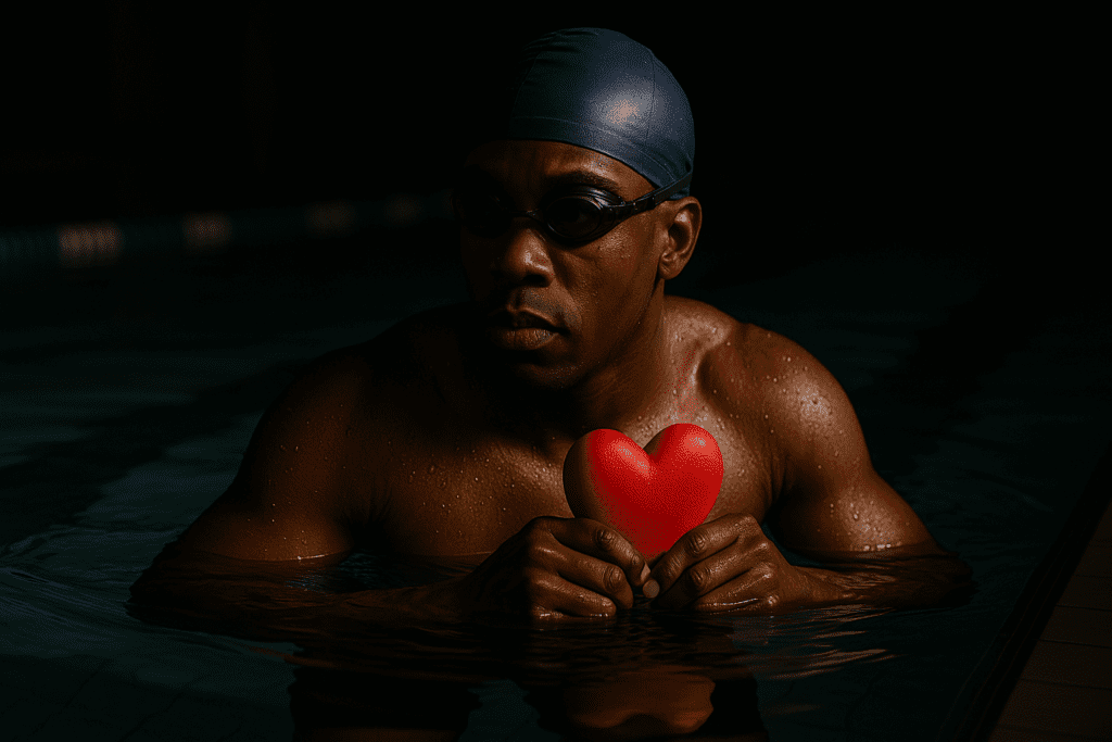 A muscular African American man wearing goggles and a swim cap holds a red heart-shaped object in a dimly lit indoor pool. The moody lighting and dramatic shadows highlight his toned physique and emphasize the powerful connection between swimming and cardiovascular health.