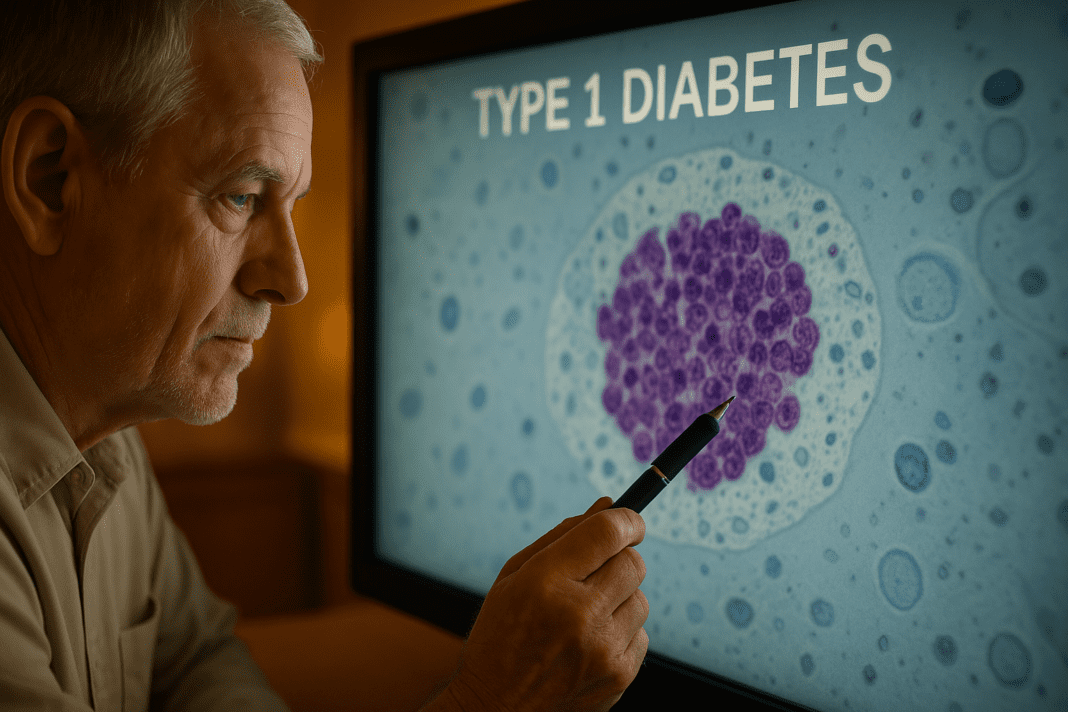 An older male scientist closely examines a high-resolution image of pancreatic cells related to Type 1 Diabetes on a digital monitor, bathed in warm indoor lighting. The scene conveys recent medical research and cellular analysis as essential elements in understanding the pathophysiology of autoimmune diabetes.