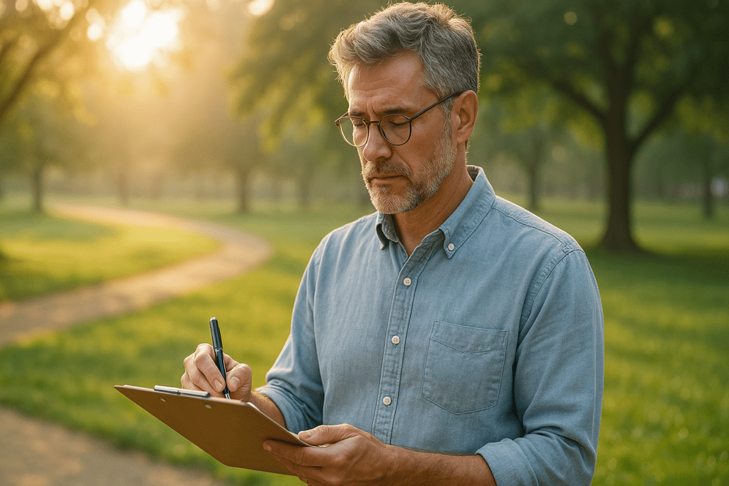 A middle-aged man with gray hair and glasses stands outdoors in a sunlit park, writing on a clipboard while bathed in soft natural morning light. The calm environment and thoughtful pose reflect the ongoing investigation into the pathophysiology of type 1 diabetes through personal or clinical research documentation.