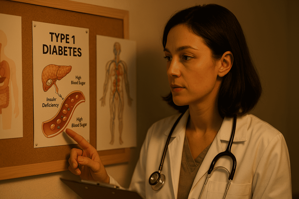 A female doctor in her 30s stands in a warmly lit medical office, attentively pointing to a Type 1 Diabetes diagram on a bulletin board illustrating insulin deficiency and high blood sugar. The scene reflects current research efforts in understanding diabetes pathophysiology through focused clinical study.
