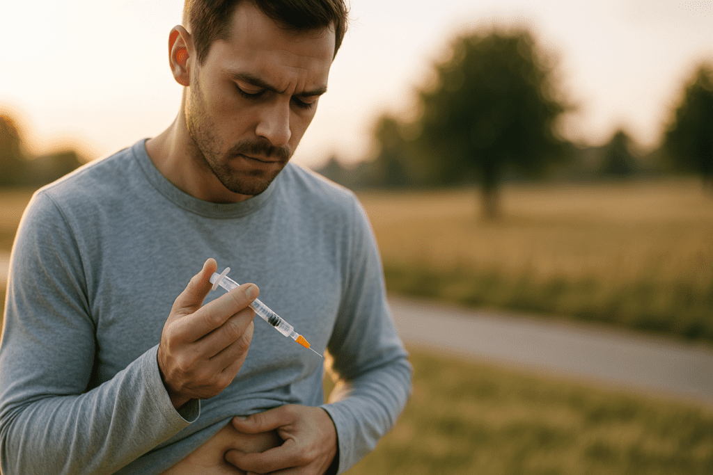 A young man with short dark hair and a light beard administers insulin into his abdomen using a syringe while standing in a rural field under soft natural morning light. This realistic image reflects daily insulin therapy for Type 1 Diabetes and highlights the self-management aspect of the disease in a serene outdoor environment.