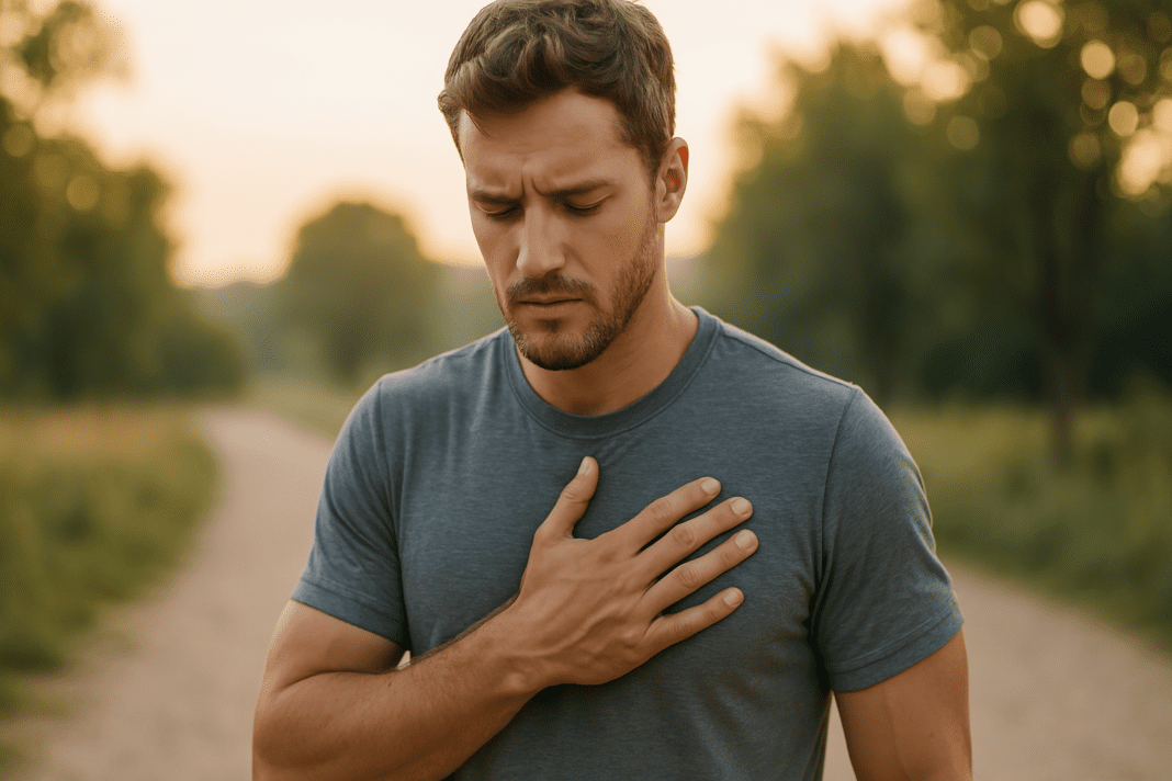 A young Caucasian man stands on a rural dirt path at sunrise with his hand placed over his heart, eyes closed in a reflective moment. The soft natural morning light and warm golden hues highlight the symbolic focus on heart muscle function and cardiovascular awareness in a serene outdoor setting.