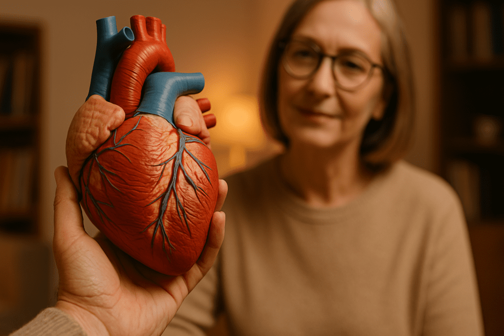 A photograph features a life-sized anatomical model of a human heart being held up in a warmly lit room, with a middle-aged woman observing attentively in the background. The realistic heart model highlights the muscular structure and function of the heart in a symbolic representation of cardiovascular health education.