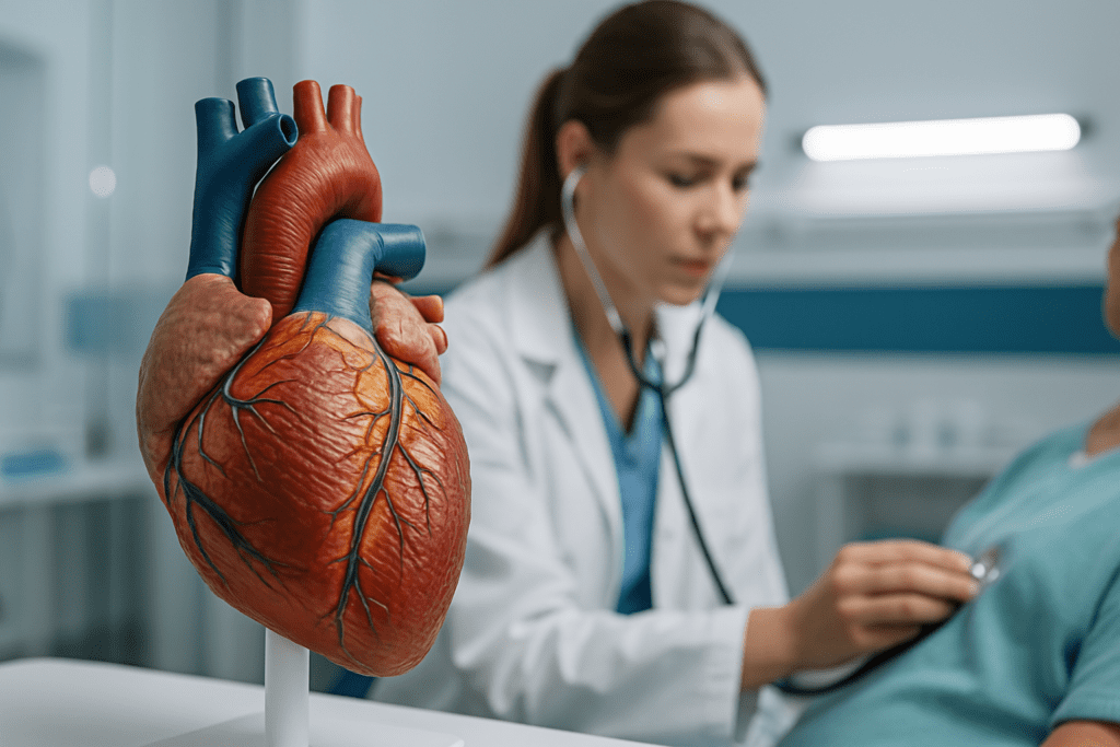 A high-resolution digital photograph captures a medical heart model in sharp detail, set against a cool clinical background where a female doctor examines a patient. The clean, sterile lighting and focused composition emphasize the muscular anatomy of the heart and its central role in cardiovascular health.