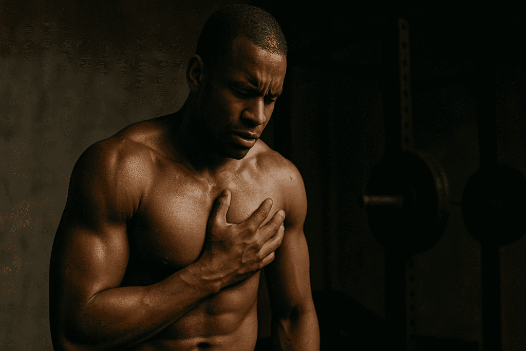 A photograph captures a muscular, shirtless African American man in a dimly lit gym, holding his chest with a pained expression as dramatic shadows highlight his physique. The moody lighting and strong contrasts emphasize the physical reality of heart muscle function and its role in cardiovascular performance during physical exertion.