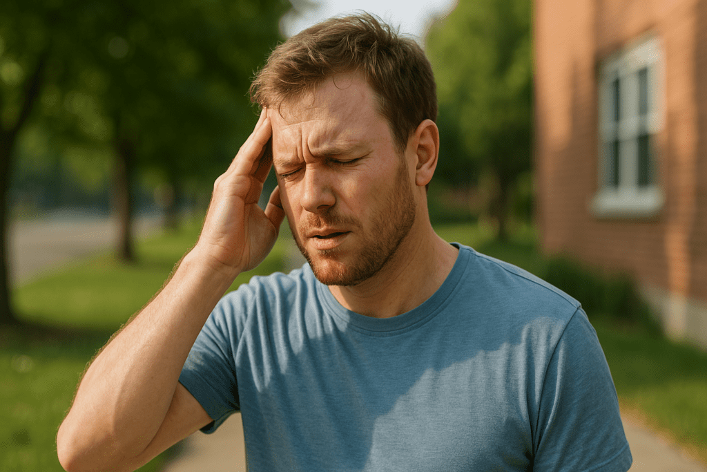 A young Caucasian man stands outside in a quiet, green suburban area during early morning light, holding his head with a pained expression. This photorealistic image visually represents dizziness caused by low blood sugar in type 1 diabetes, using soft natural lighting and a calm outdoor setting to highlight the contrast between internal discomfort and a peaceful environment.