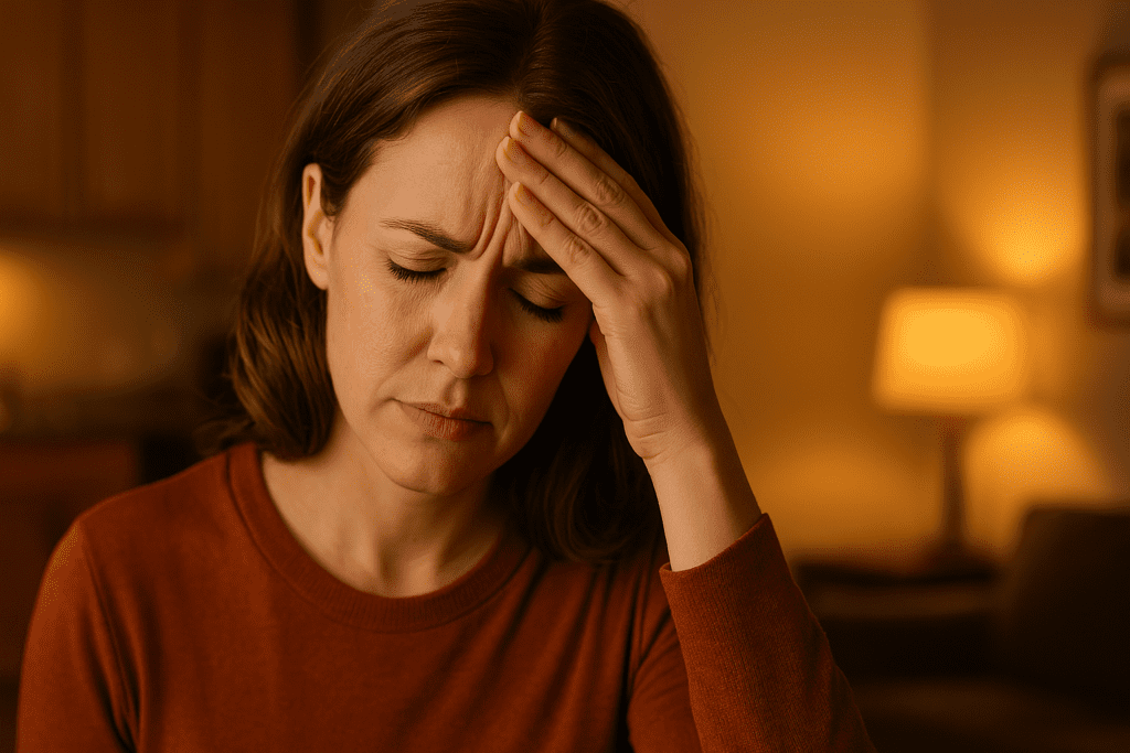 A close-up of a young woman sitting in a warmly lit home interior, pressing her hand to her forehead with eyes closed as she experiences a dizzy spell. The ambient lighting and cozy surroundings provide a calm contrast to the signs of low blood sugar in type 1 diabetes, offering a visual representation of how symptoms can arise in everyday environments.