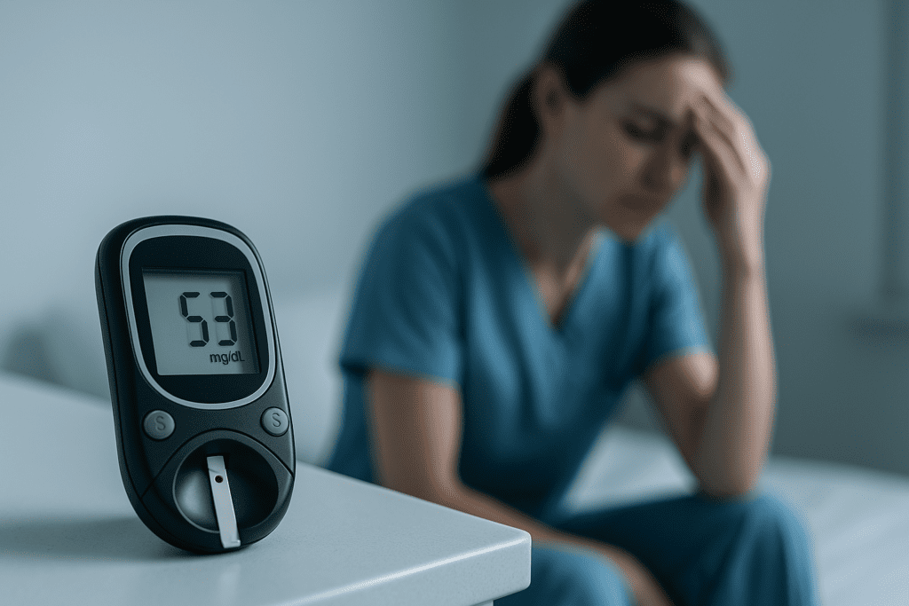 A black glucometer displaying a blood sugar level of 53 mg/dL sits prominently on a white counter in a clinical room with cool blue lighting, while a nurse in the background holds her head in discomfort. This scene captures the symptoms of low blood sugar related to type 1 diabetes in a medical setting, emphasizing the impact of hypoglycemia on mental and physical clarity.