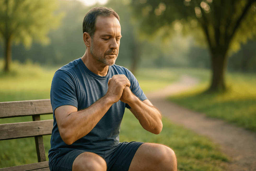 A middle-aged man with light skin performs an isometric chest press while seated on a wooden park bench under soft natural morning light, with lush greenery and a dirt path behind him creating a calm outdoor setting that reflects heart-healthy exercise in a peaceful environment.