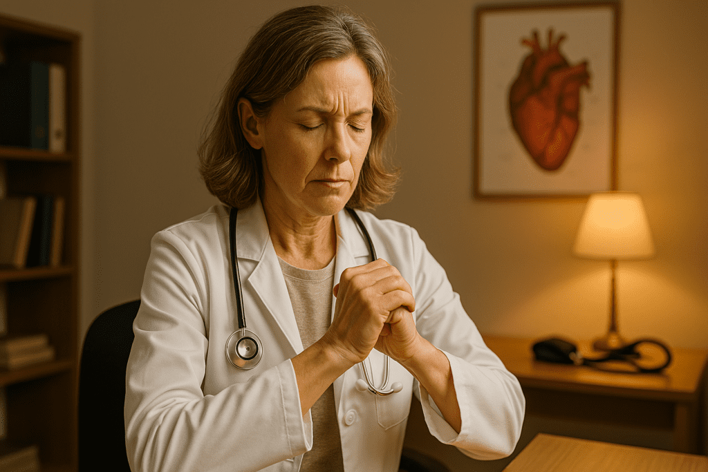 A middle-aged female doctor performs an isometric hand press in her warmly lit medical office, seated calmly at her desk with a heart anatomy poster in the background, visually illustrating how isometric exercises can support cardiovascular health in a safe, clinical setting.