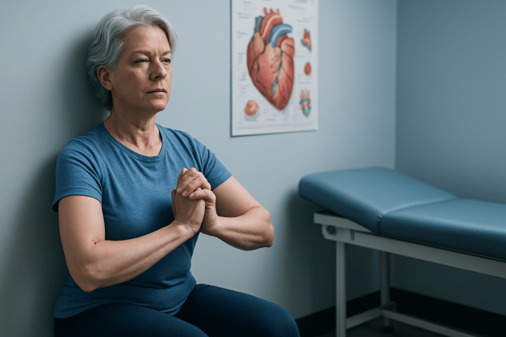 A silver-haired woman performs a focused isometric wall sit in a cool-toned clinical exam room, surrounded by medical posters and a padded exam table, visually highlighting the benefits of isometric exercises for heart health in a safe, professional healthcare environment.
