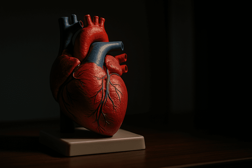 A photorealistic 3D anatomical heart model sits illuminated on a white base against a dark wooden surface, with moody lighting and dramatic shadows emphasizing the importance of heart health and symbolizing the internal cardiovascular benefits of isometric exercise.