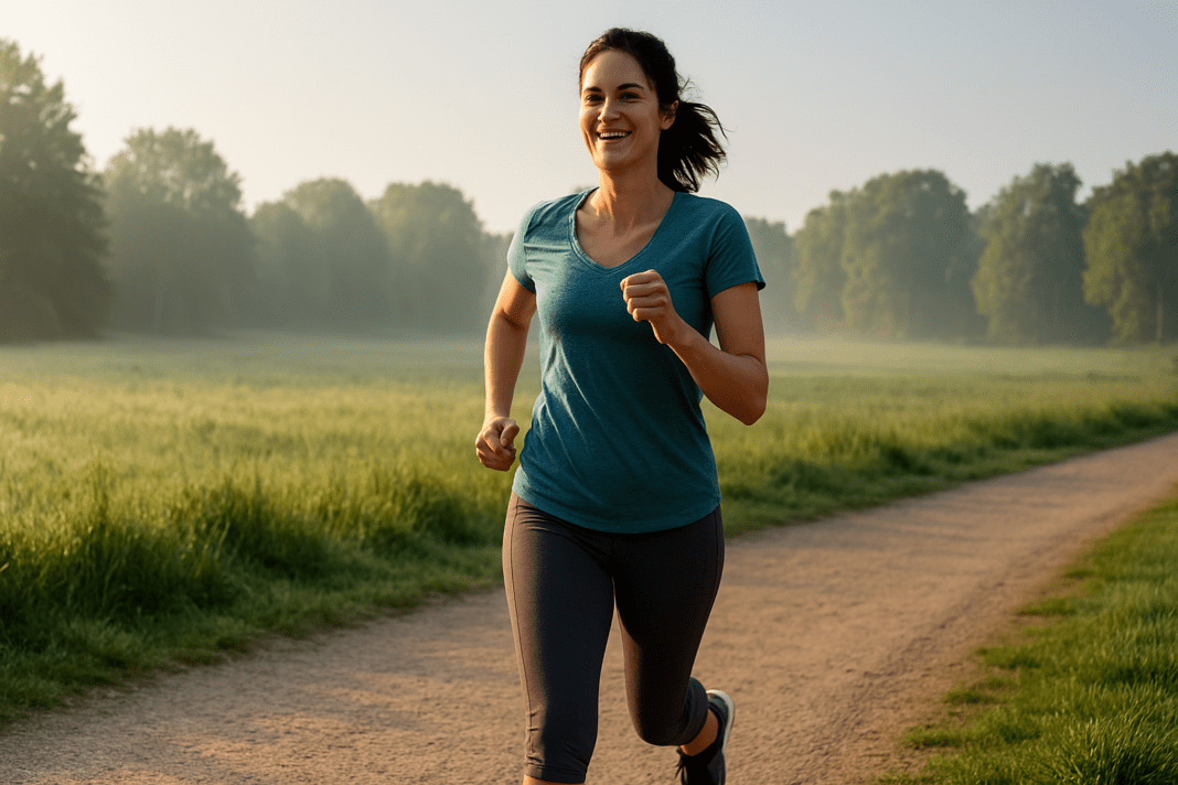 A photograph captures a fit woman jogging on a dirt trail through a grassy field in the early morning. Soft natural light from the rising sun filters through the mist and trees, creating a serene atmosphere that emphasizes the cardiovascular benefits of regular outdoor exercise for heart health.